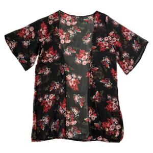 MixMax Women's Large Sheer Cardigan Short-Sleeve Black Red Floral Print